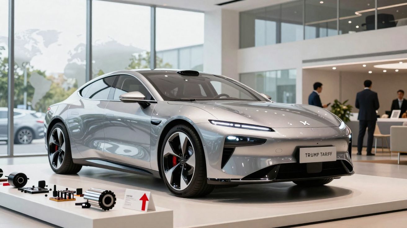 Carro elétrico prata moderno exposto em showroom com peças detalhadas e três pessoas ao fundo.