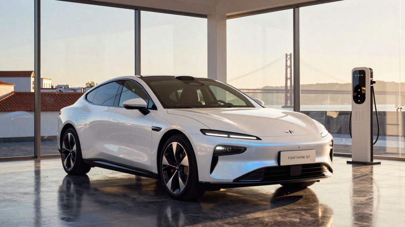 Carro elétrico branco estacionado em ambiente moderno com carregador ao lado e ponte ao fundo.