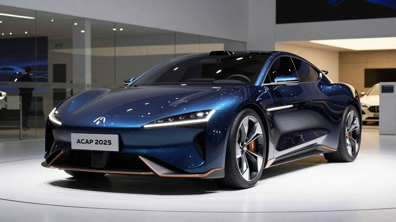 Carro esportivo elétrico azul escuro ACAP 2025 exibido em estande moderno com design aerodinâmico.