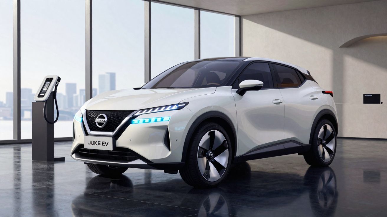 Carro elétrico branco Nissan Juke EV estacionado em garagem moderna com estação de carregamento ao lado.