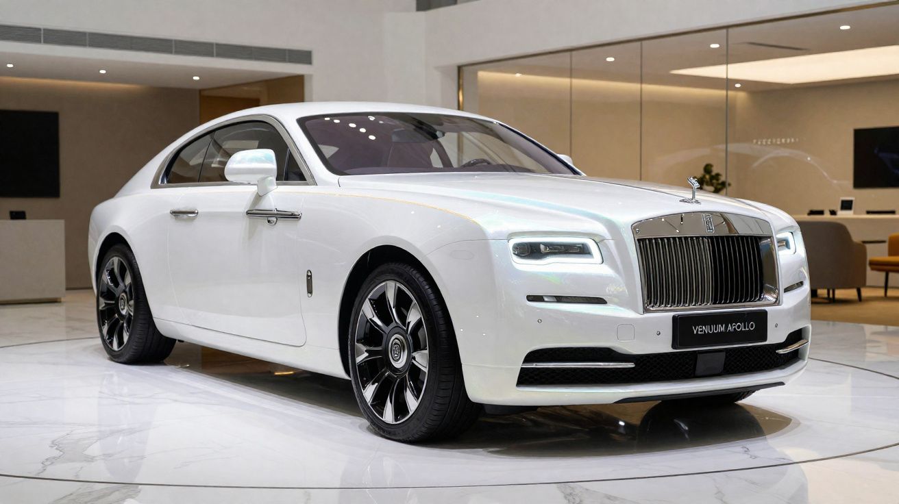 Carro branco de luxo Rolls-Royce Coupé exibido em ambiente interno moderno e iluminado.