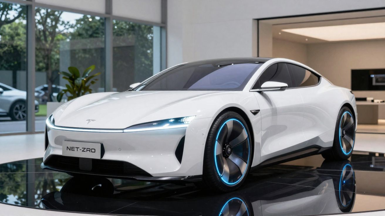 Carro elétrico branco Tesla Net-Zro em exposição moderna com rodas azuis iluminadas e design futurista.