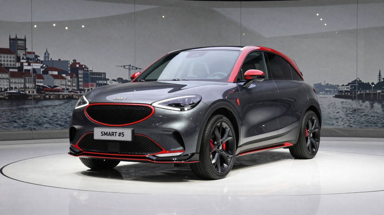 Carro Smart #5 cinza com detalhes vermelhos exibido em plataforma circular em ambiente interno.
