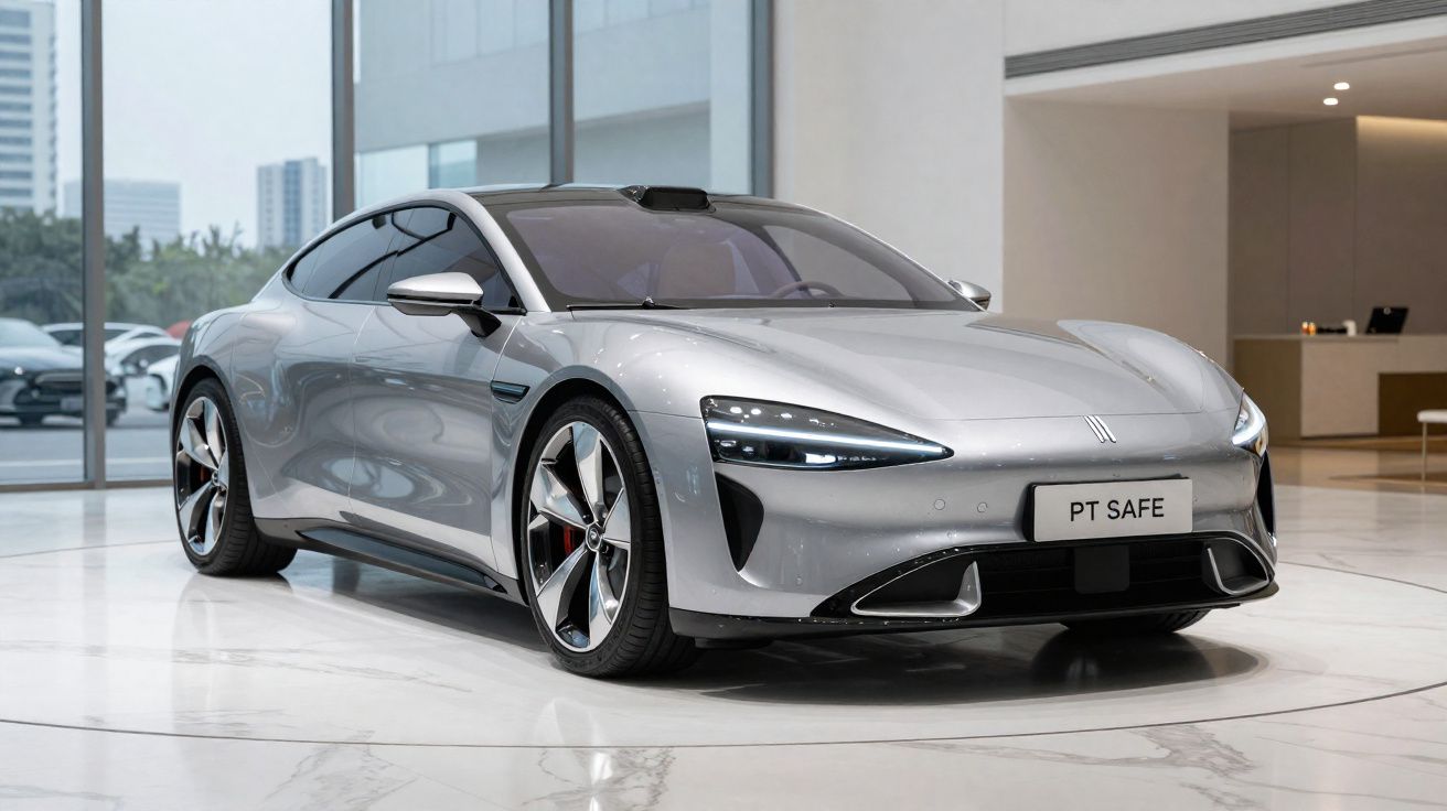 Carro esportivo elétrico prata estacionado em showroom moderno com piso branco e paredes de vidro.