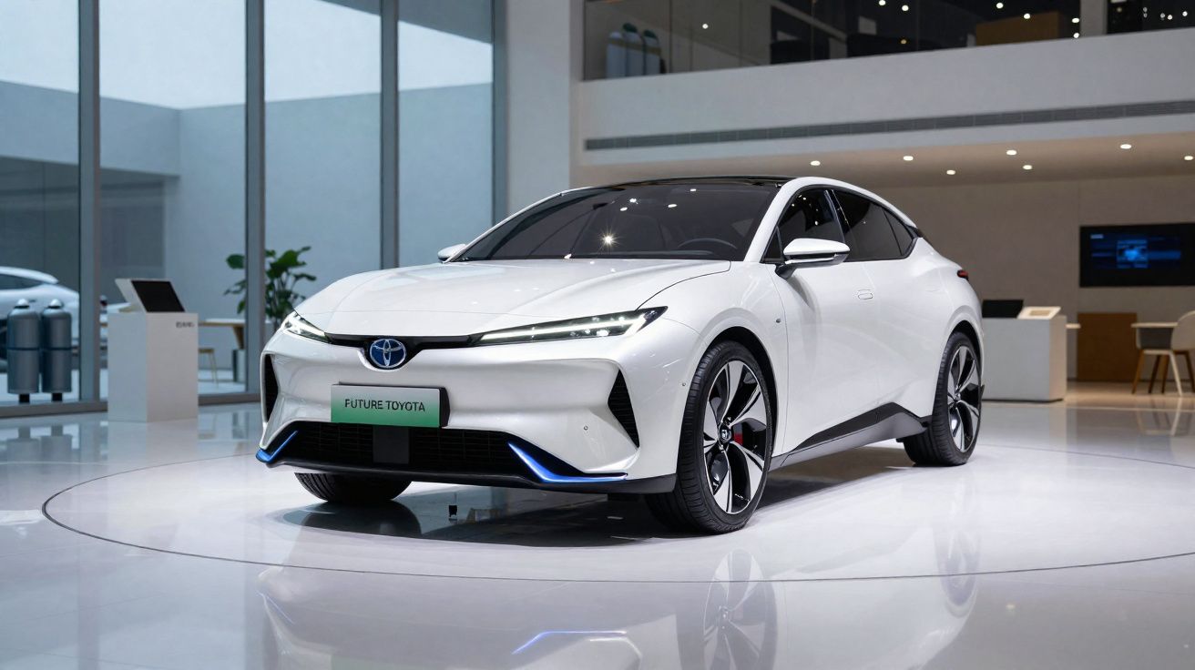 Carro elétrico Toyota branco em exposição moderna com design futurista e linhas aerodinâmicas.