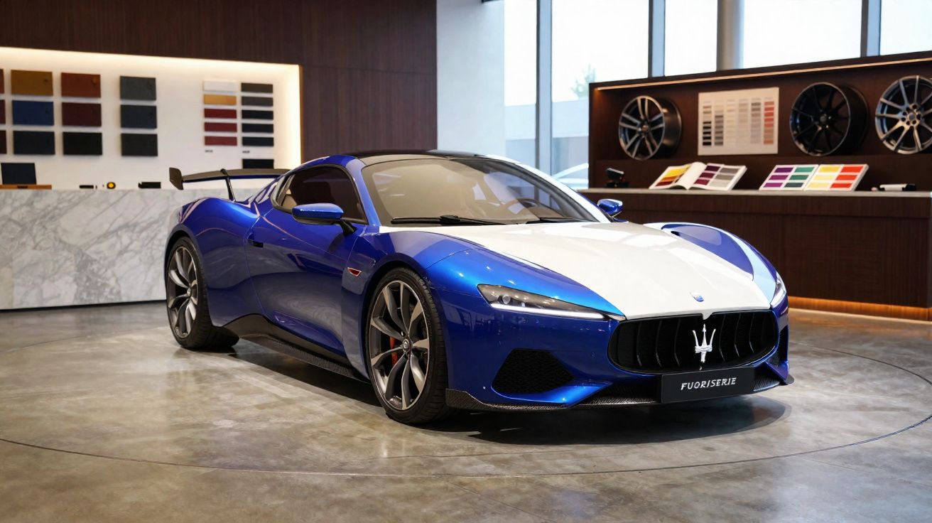 Carro esportivo azul e branco exposto em showroom moderno com rodas e amostras de cores ao fundo.
