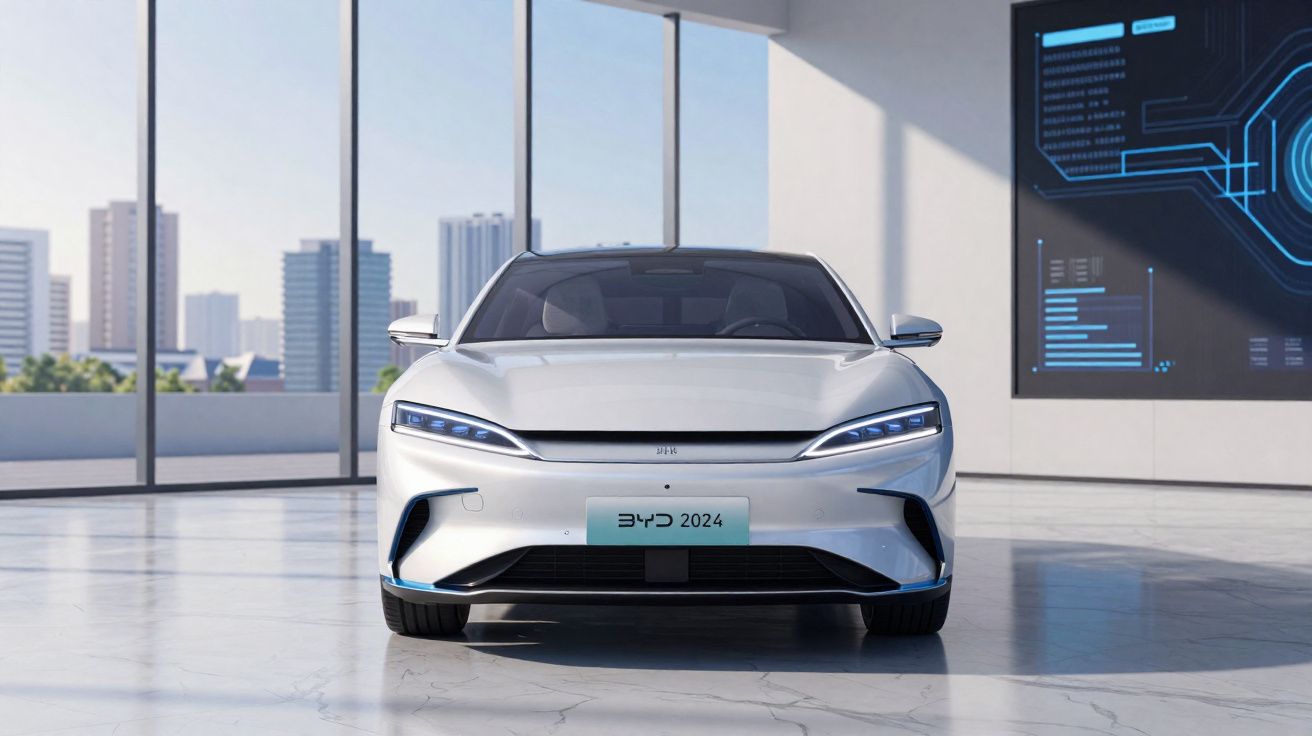 Carro elétrico branco BYD 2024 visto de frente em ambiente moderno com janelas amplas e painel digital.