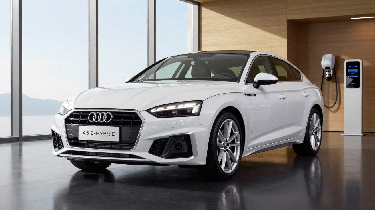 Carro Audi A5 e-hybrid branco estacionado em ambiente interno de design moderno com carregador elétrico.
