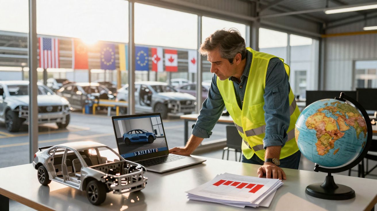 Homem com colete refletivo analisa maquete de carro e gráfico em escritório de fábrica de veículos.