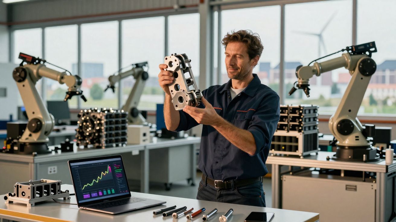 Engenheiro analisa peça metálica enquanto robôs industriais atuam em laboratório moderno com laptop e ferramentas na mesa.