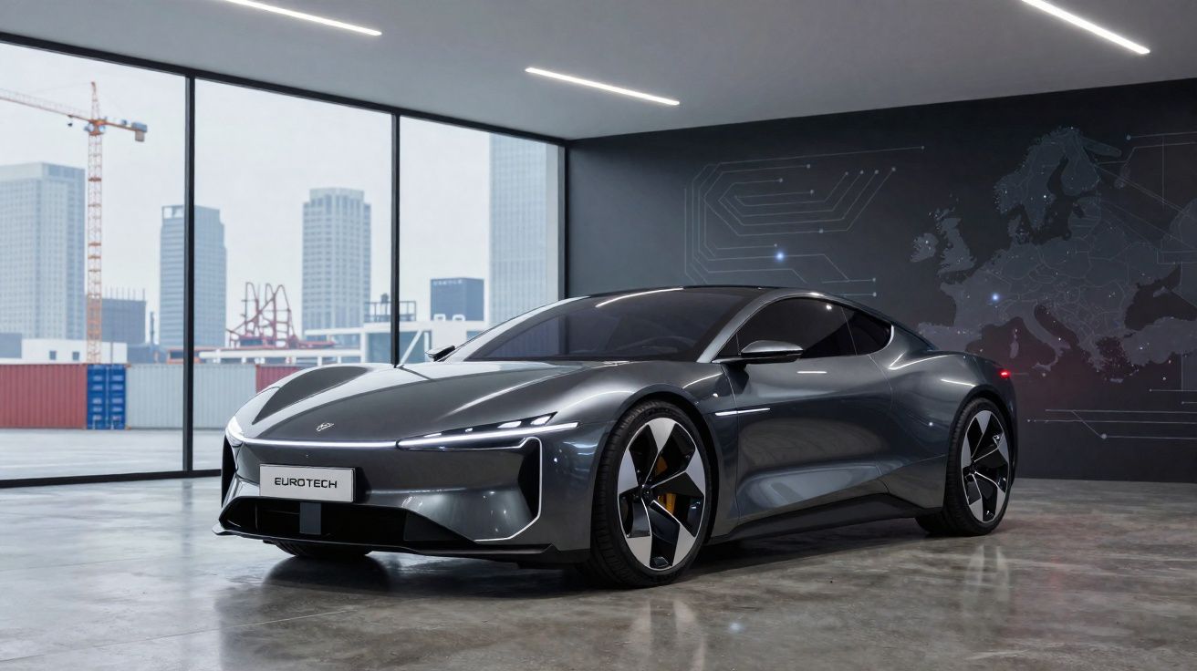 Carro esportivo elétrico cinza escuro estacionado em garagem moderna com vista urbana ao fundo.