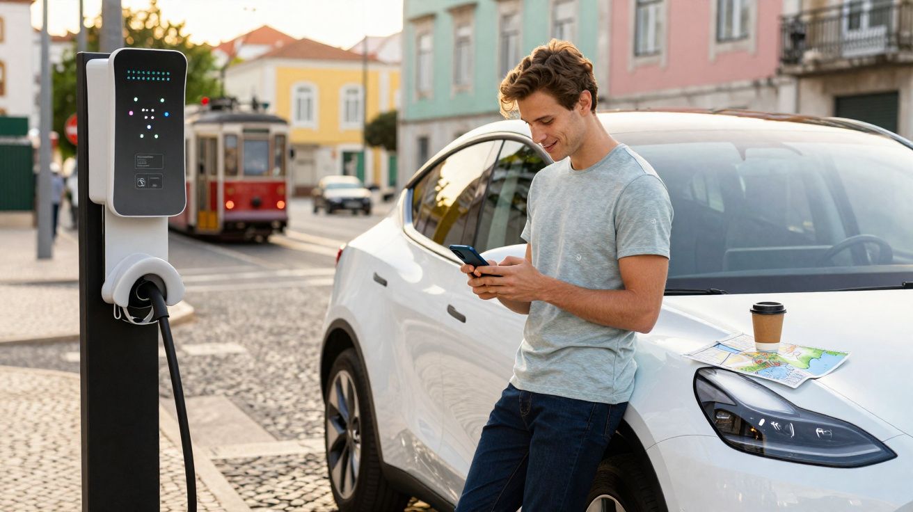 Homem usando celular ao lado de carro elétrico branco em estação de recarga urbana com bonde ao fundo.