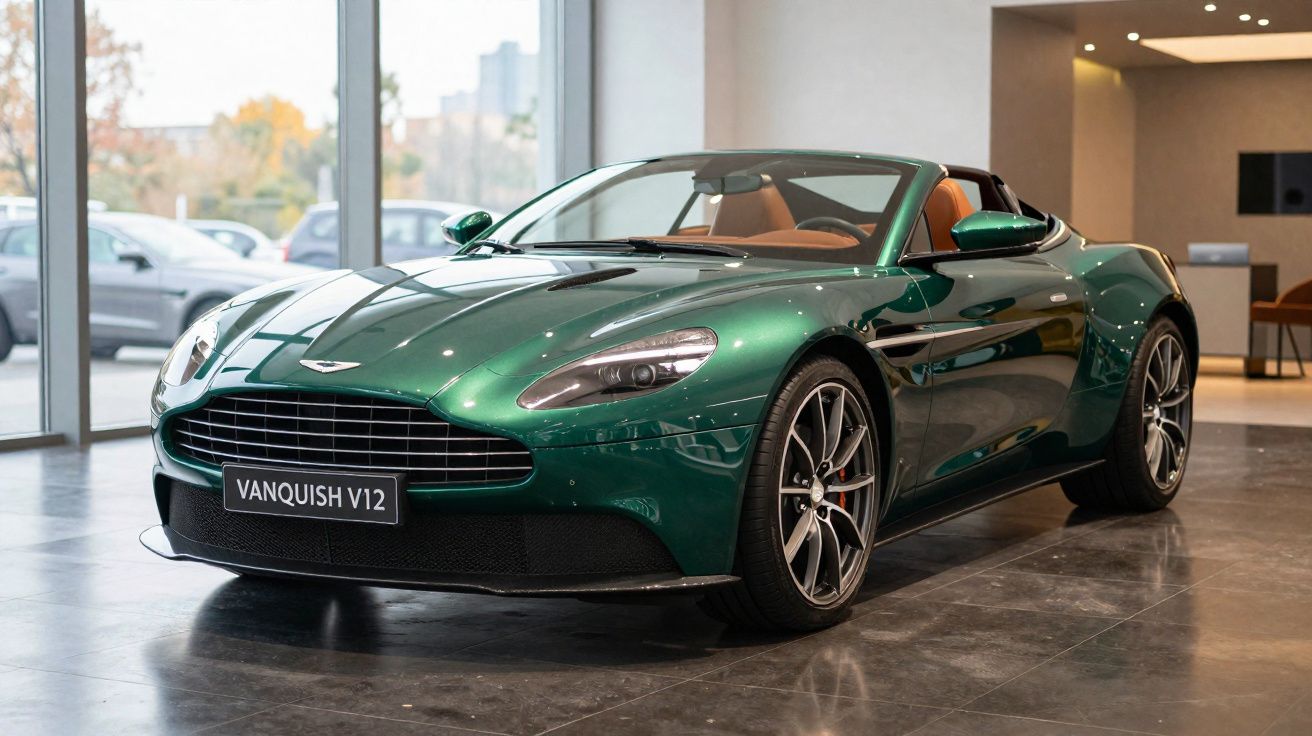 Carro esportivo conversível Aston Martin Vanquish V12 verde em showroom, vista frontal direita.