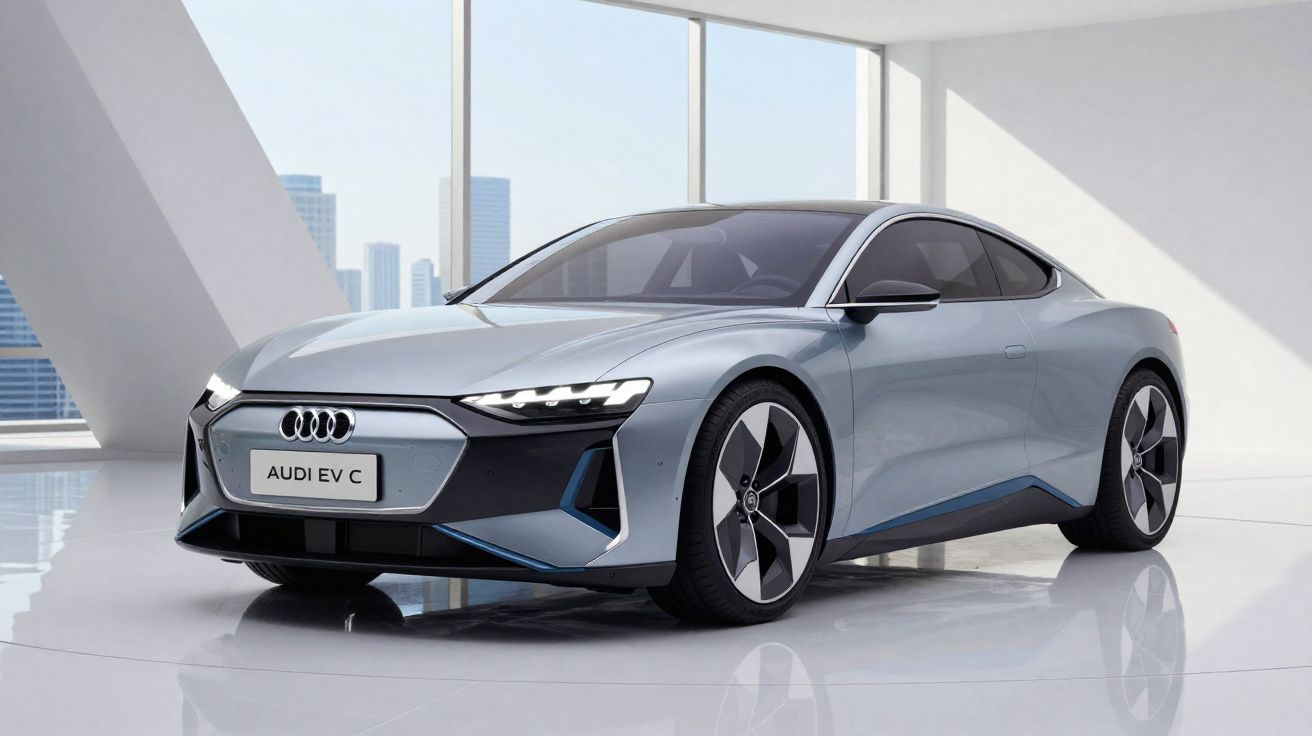 Carro elétrico Audi EV C prata estacionado em ambiente moderno com janelas amplas e vista urbana ao fundo.