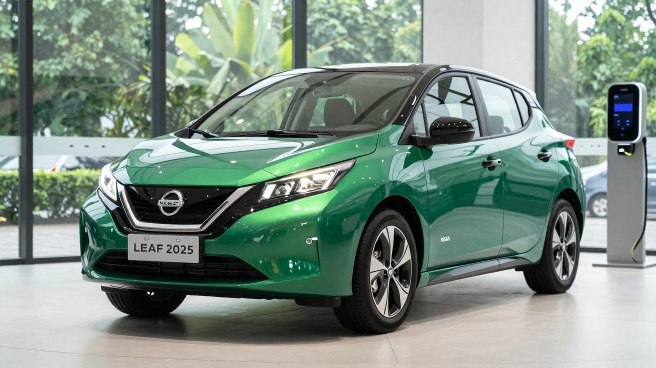 Carro elétrico Nissan Leaf 2025 verde em exposição com estação de carregamento ao fundo.