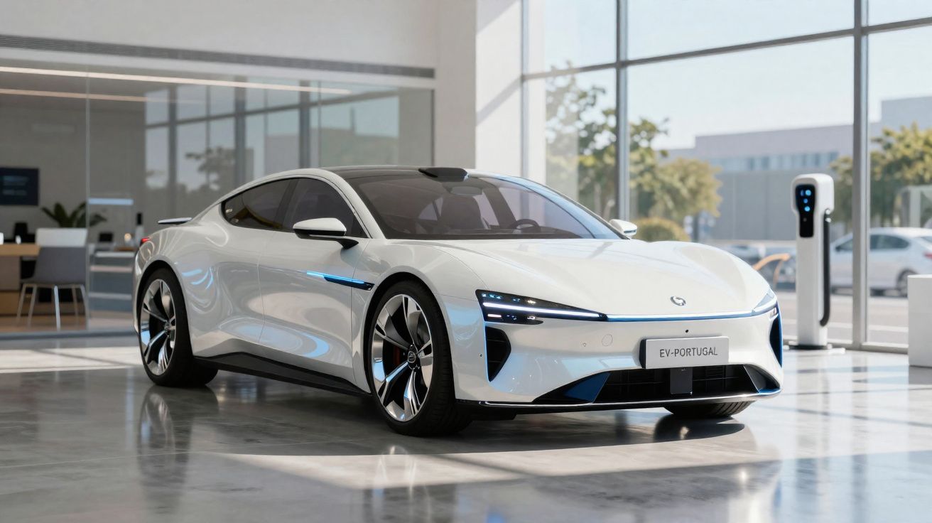 Carro elétrico branco esportivo estacionado em showroom moderno com parede de vidro e estação de recarga ao fundo.