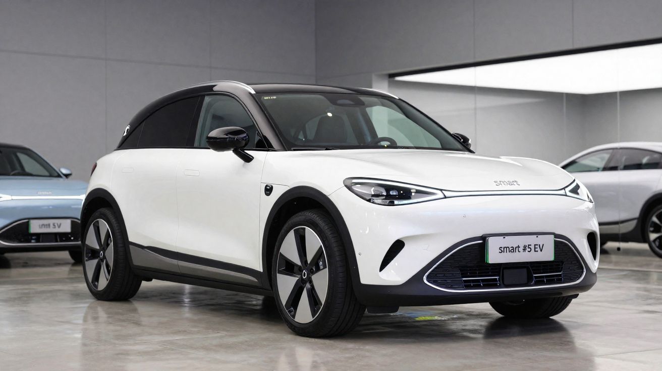 Carro elétrico Smart #5 EV branco com teto preto, em showroom moderno com paredes cinza.