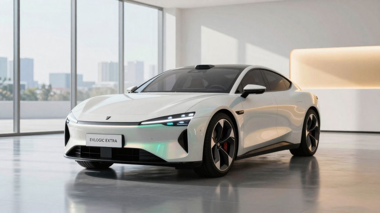 Carro elétrico esportivo branco Evlogic Extra estacionado em ambiente moderno com grandes janelas.