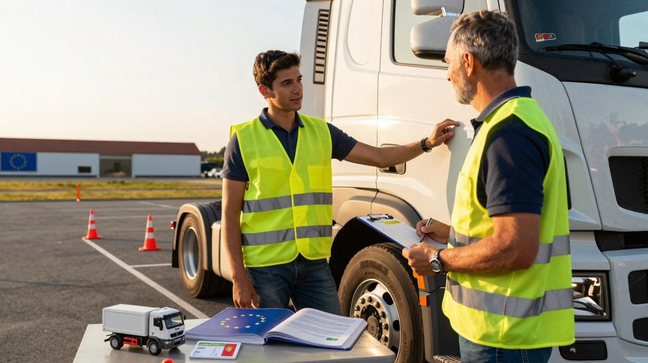 Dois homens com coletes refletivos discutem ao lado de caminhão branco em área externa com cones de sinalização.