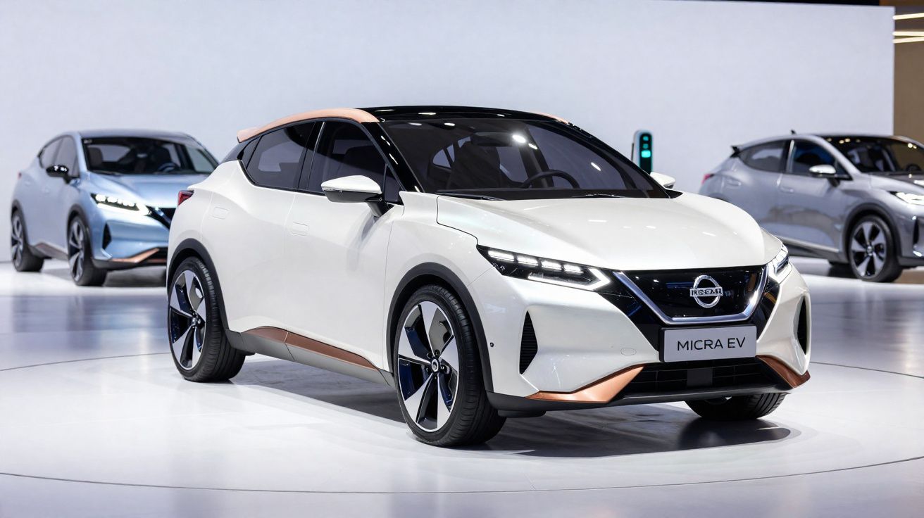 Carro elétrico Nissan Micra EV branco exibido em salão com outros carros ao fundo.