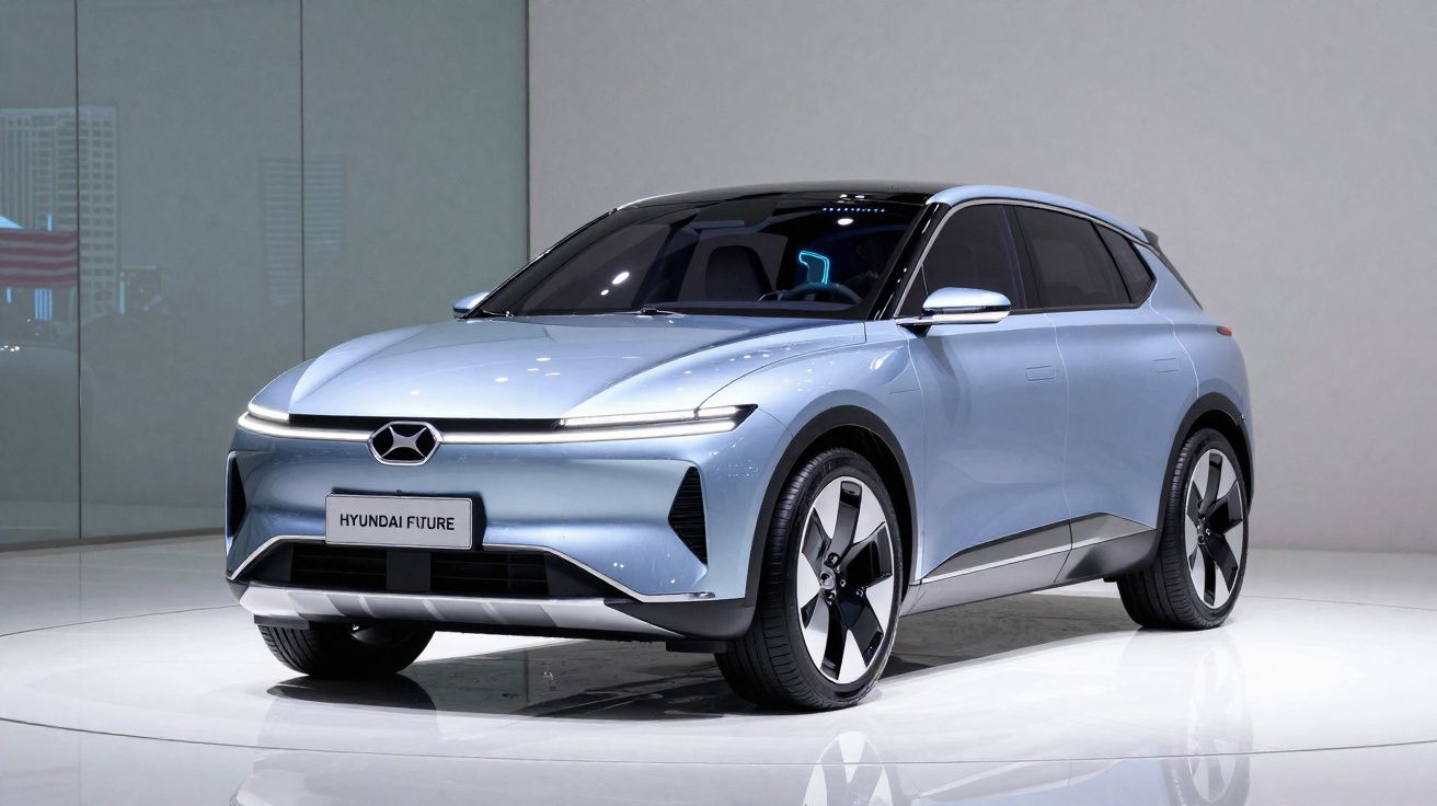 Carro SUV elétrico Hyundai Future prata em exposição em estande minimalista e iluminado.