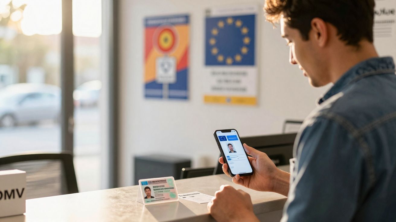 Homem verifica carteira de motorista digital no celular diante da carteira física em balcão.