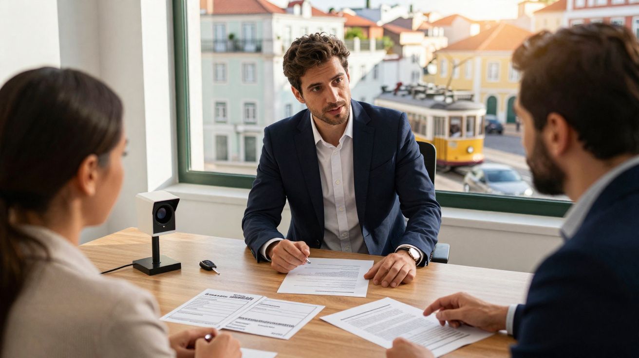 Homem de terno conversa com casal em escritório, com documentos sobre mesa e janela com vista para bonde amarelo.