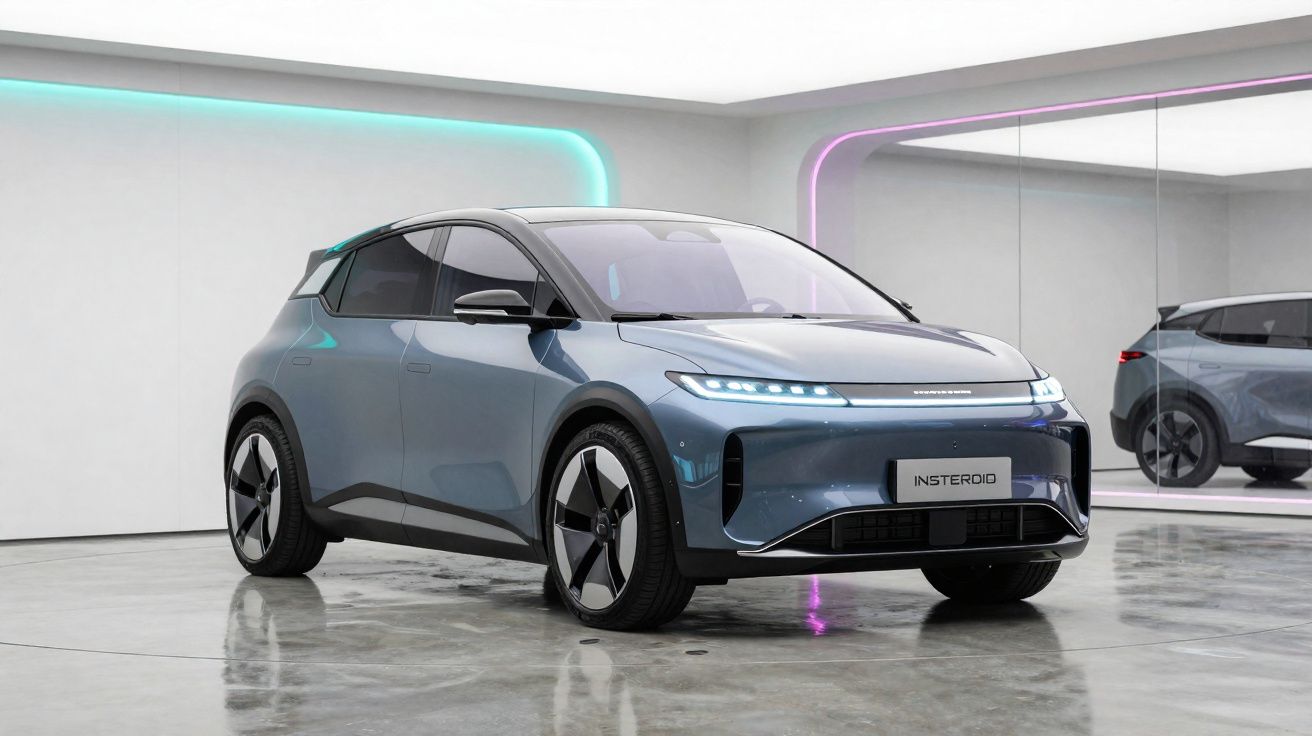 Carro elétrico compacto azul em ambiente moderno com piso refletivo e luzes de neon azul e rosa.