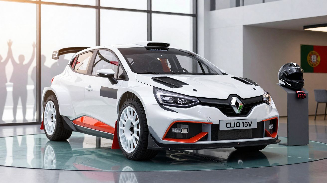 Carro de corrida Renault Clio 16V branco com detalhes em laranja exibido em showroom moderno.