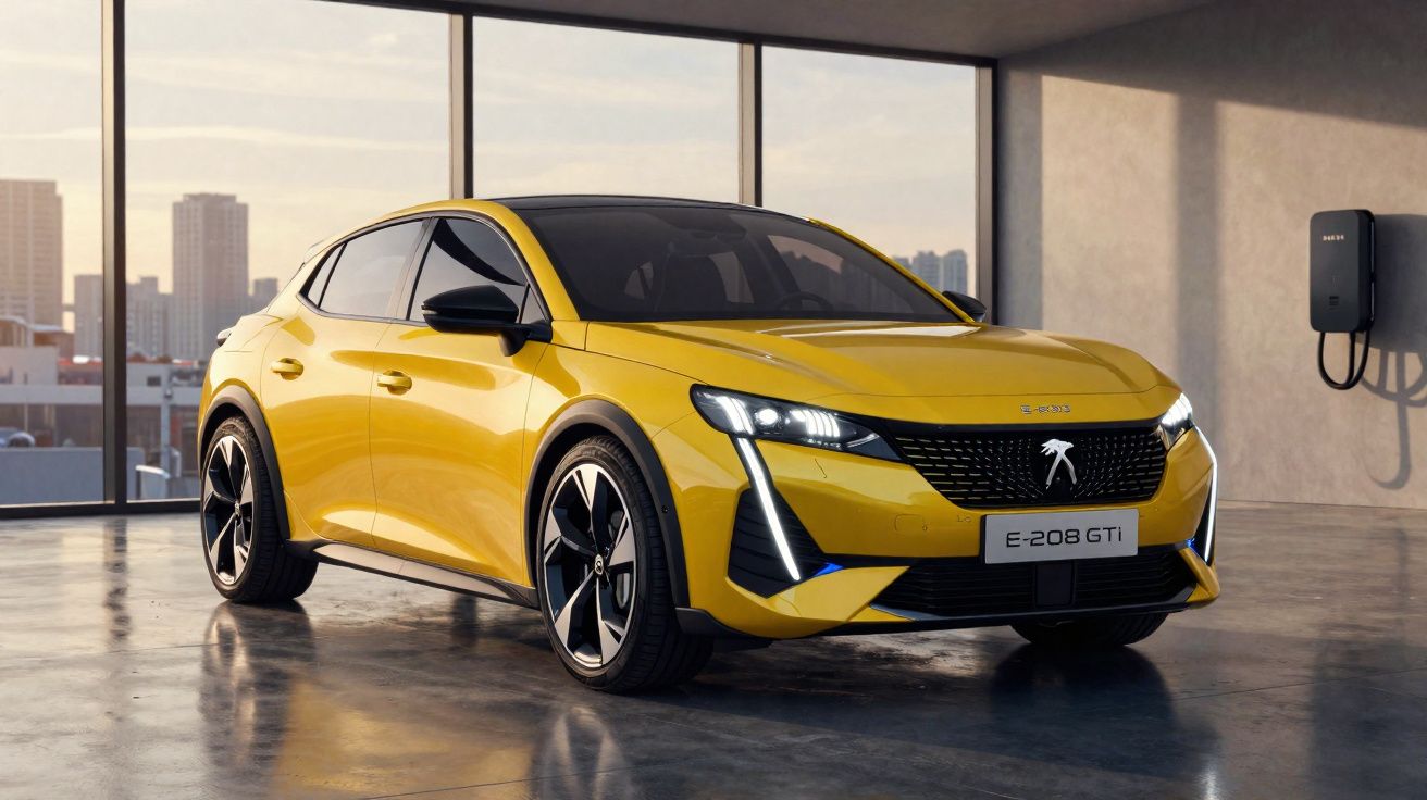 Carro elétrico Peugeot E-208 GTi amarelo estacionado em garagem moderna com parede de vidro e carregador.