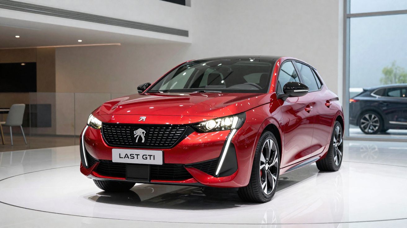 Carro esportivo vermelho Peugeot Last GTI exibido em showroom moderno com piso branco brilhante.