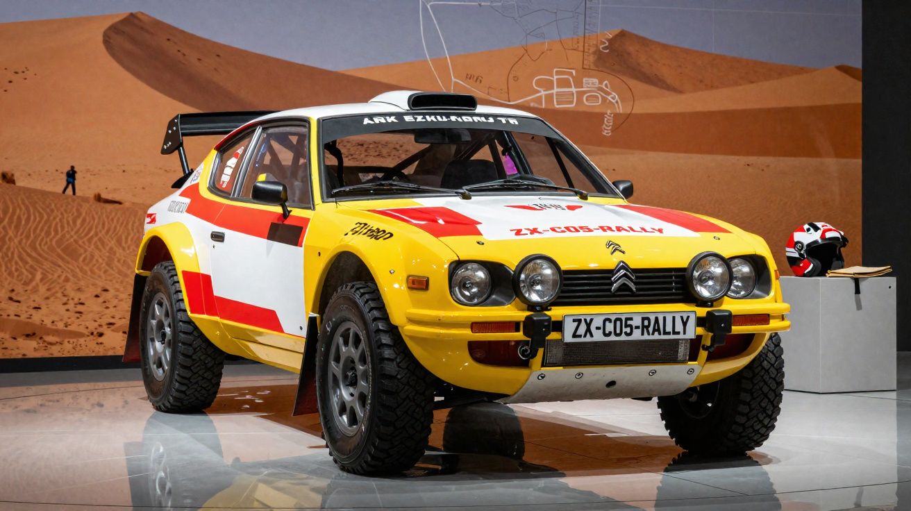 Carro de rally Citroën amarelo e branco em exposição com pneus off-road e capacete ao lado.