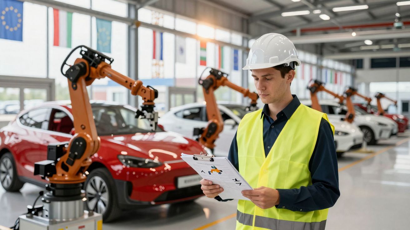Homem com colete e capacete inspeciona fábrica automatizada com braços robóticos e carros elétricos.