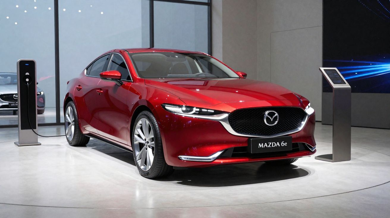 Carro Mazda 6e vermelho exposto em showroom com carregador elétrico ao lado.