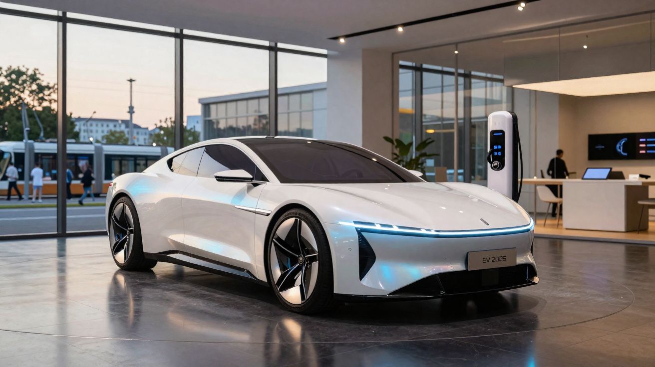 Carro elétrico branco moderno estacionado em showroom com estação de recarga ao fundo.