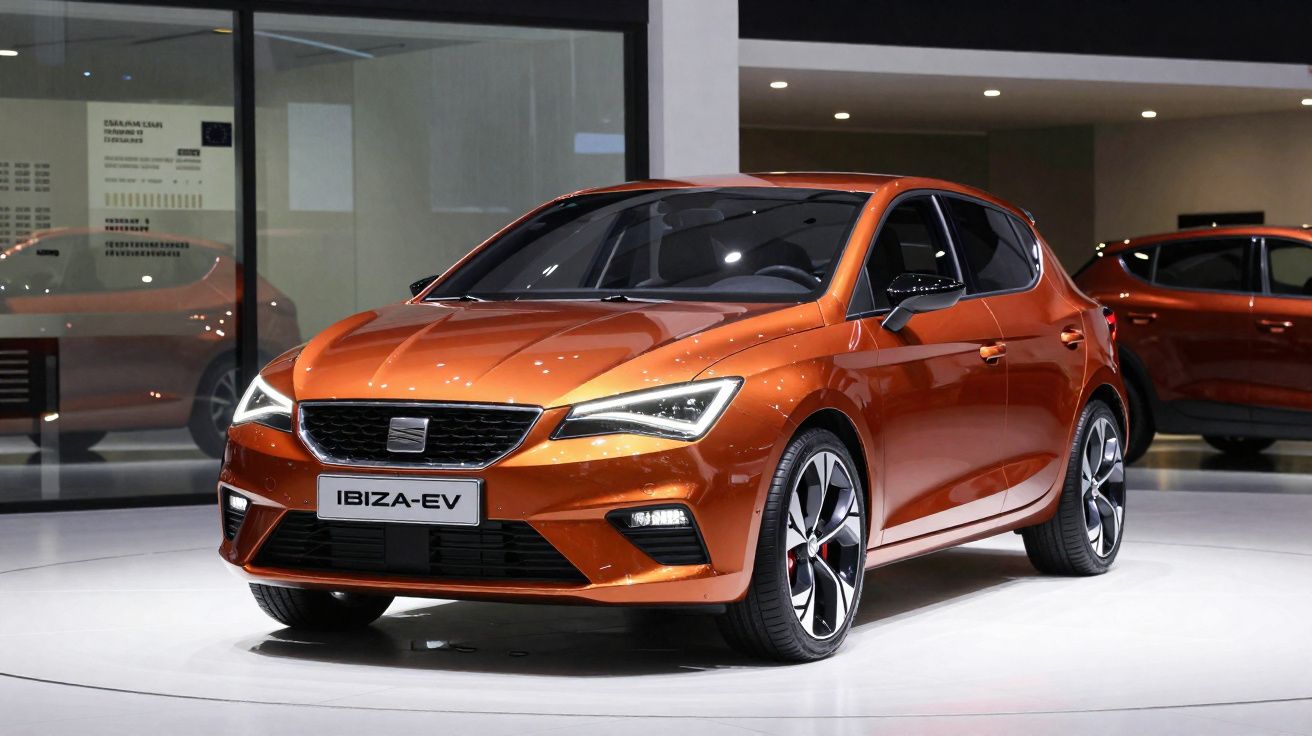 Carro hatchback elétrico laranja Seat Ibiza-EV exibido em exposição automotiva moderna.