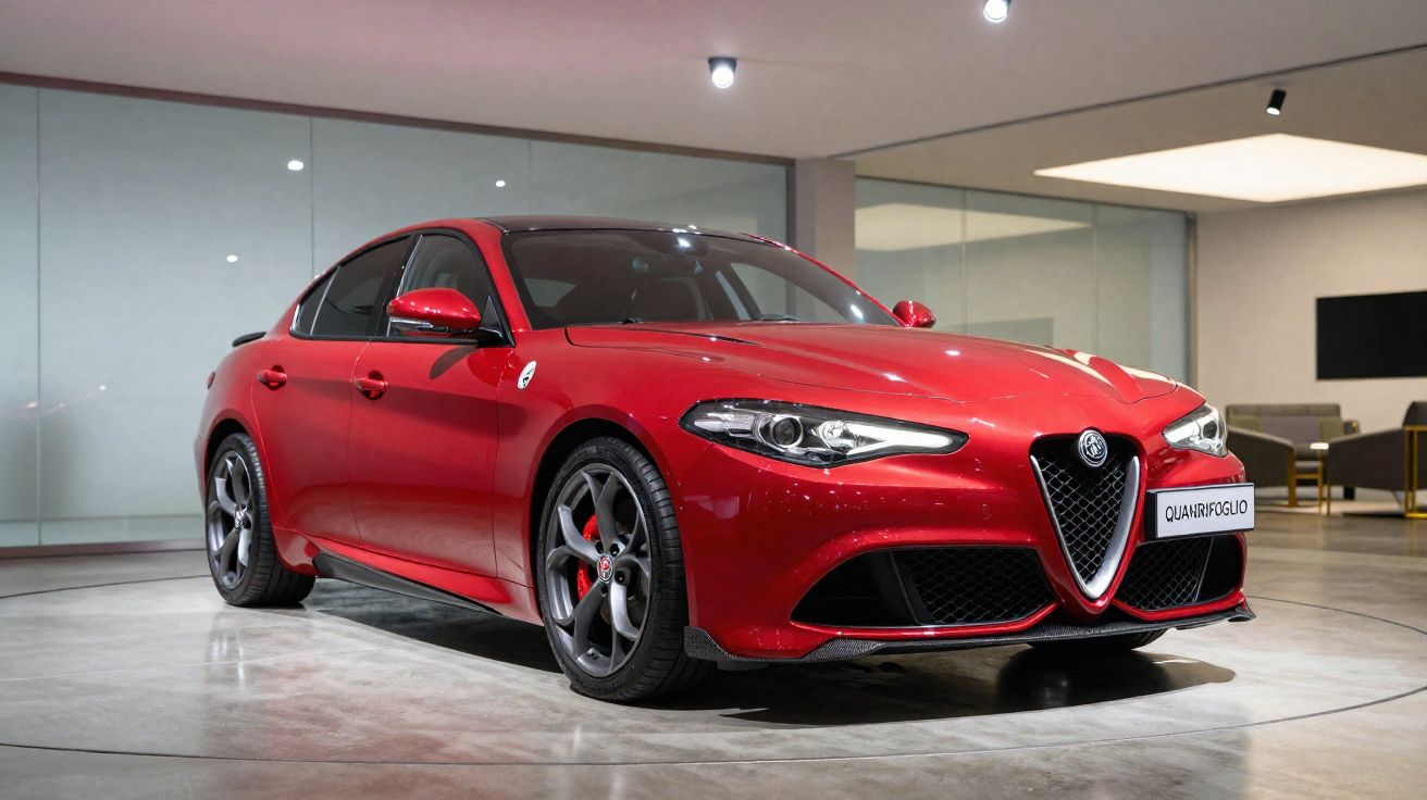 Carro esportivo sedã Alfa Romeo vermelho em exposição interna com iluminação moderna.