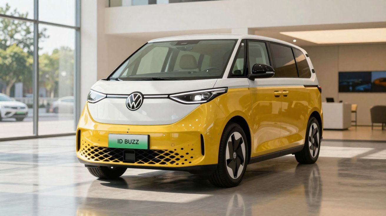 Carro elétrico Volkswagen ID Buzz amarelo e branco exibido em showroom moderno.