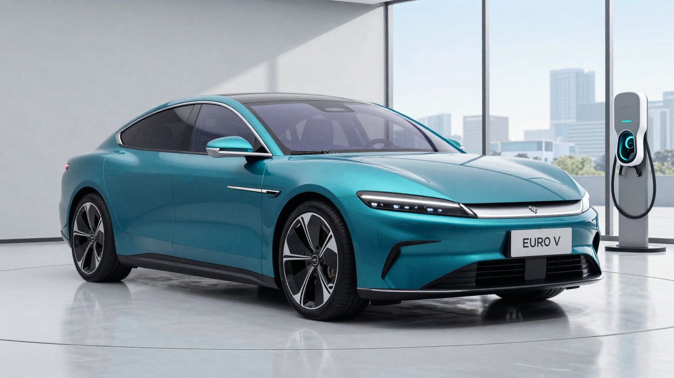 Carro elétrico azul moderno parado ao lado de estação de recarga em ambiente interno com vista urbana.