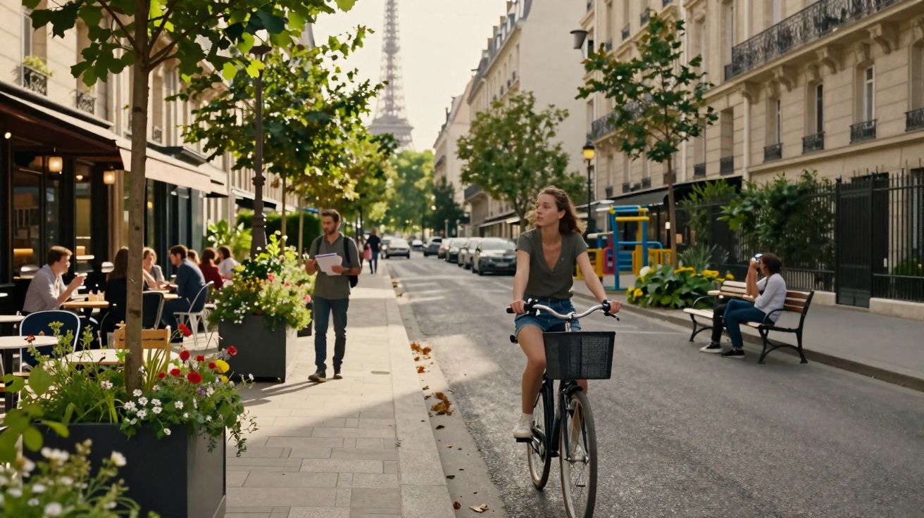 Rua de Paris com mulher pedalando bicicleta, pedestres na calçada e Torre Eiffel ao fundo.