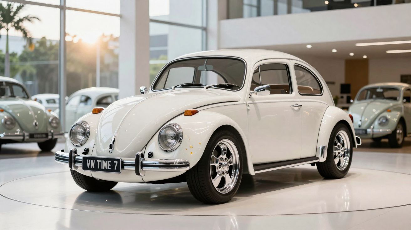 Carro clássico Volkswagen Fusca branco exposto em showroom com outros Fuscas ao fundo.
