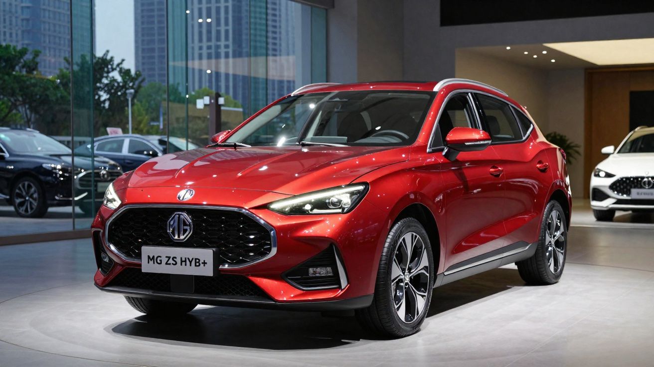 Carro SUV vermelho MG ZS HYB+ exposto em showroom moderno com vidros e outros veículos ao fundo.