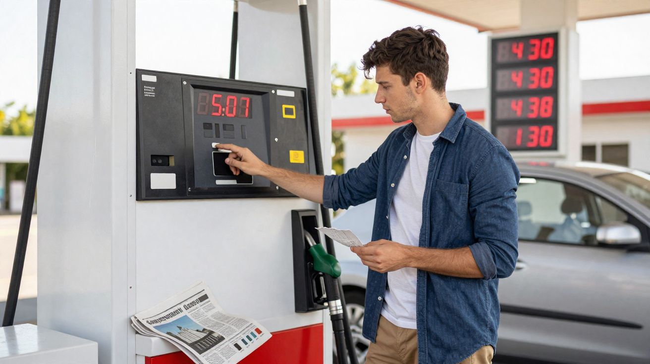 Homem confere nota fiscal enquanto abastece carro em posto de gasolina.