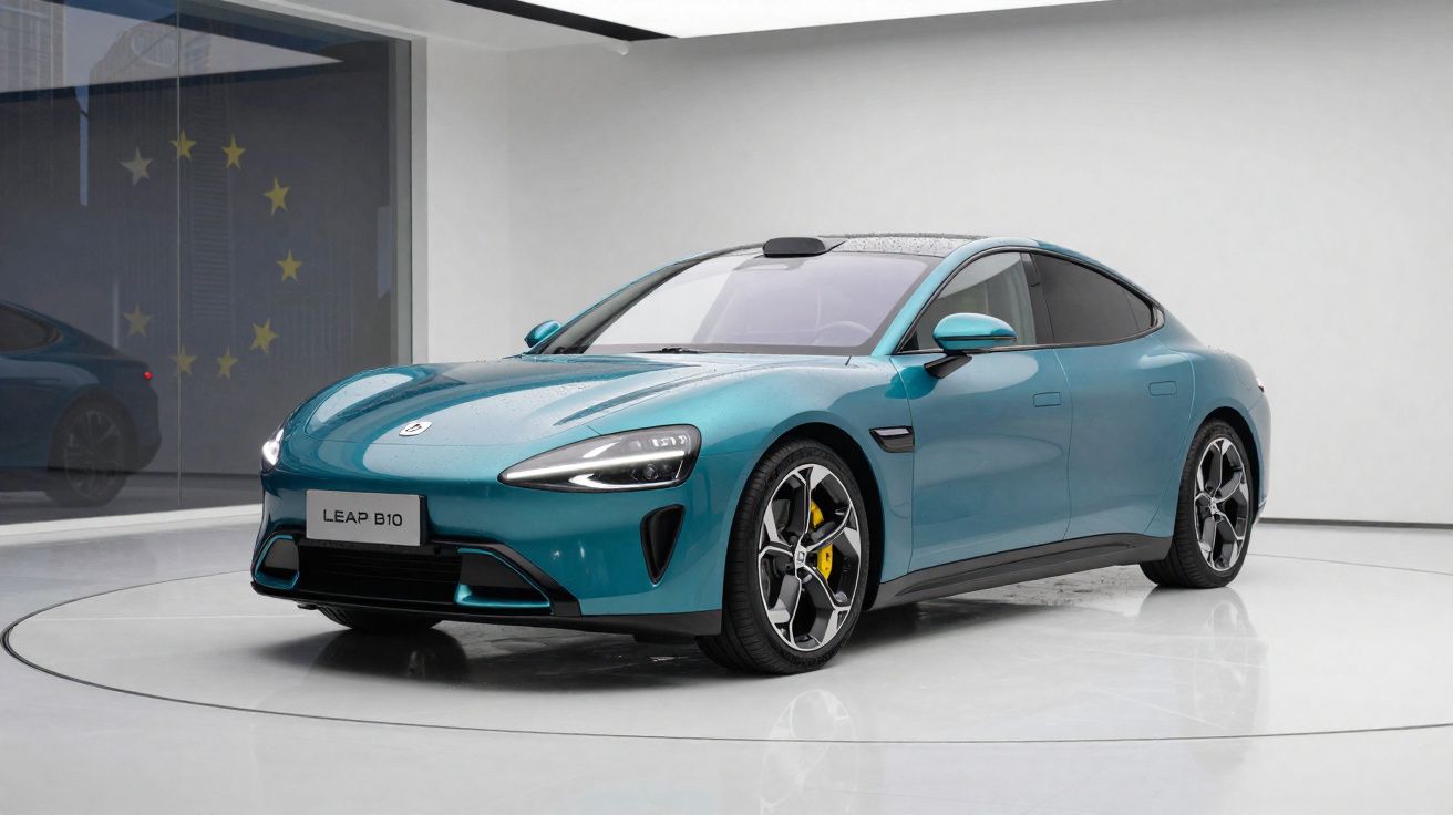 Carro elétrico esportivo Leap B10 azul exibido em ambiente moderno e iluminado.