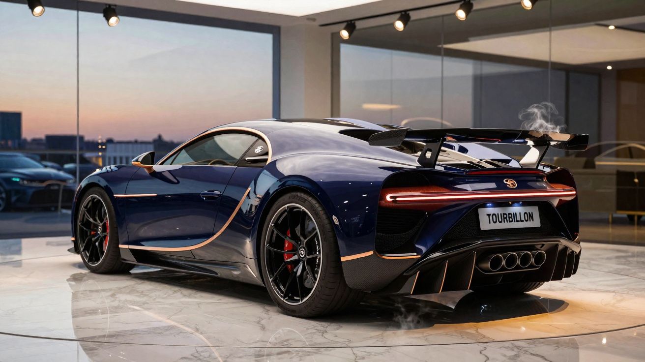 Carro esportivo azul escuro com detalhes em cobre exibido em showroom moderno ao entardecer.