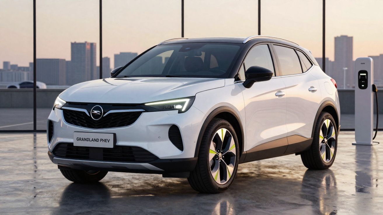 SUV branco Opel Grandland PHEV estacionado próximo a estação de recarga com prédio ao fundo.
