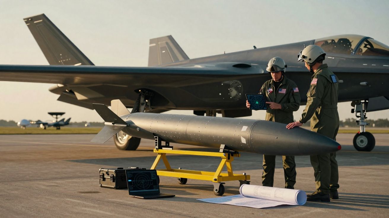 Dois pilotos militares ao lado de míssil grande com caça stealth estacionado ao fundo em pista de aeroporto.