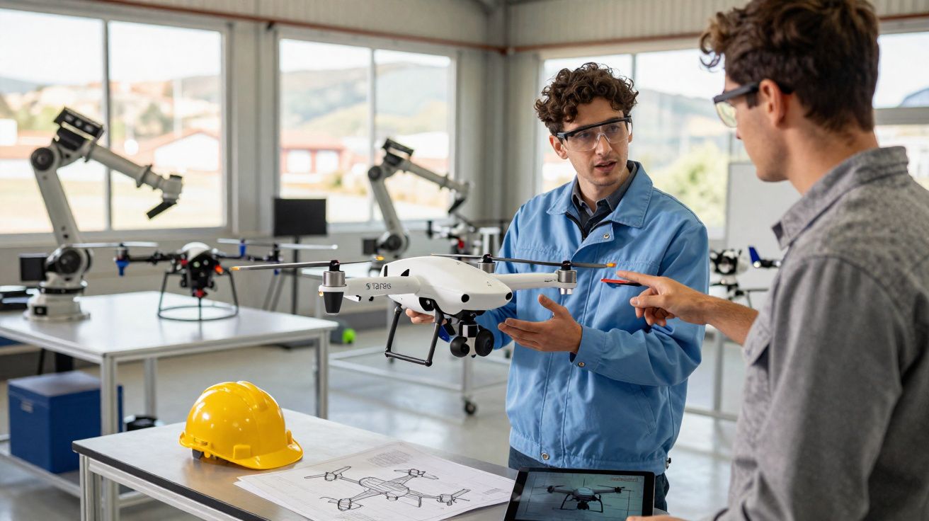 Dois homens com óculos de segurança discutem protótipo de drone em ambiente industrial com robôs e planta baixa na mesa.