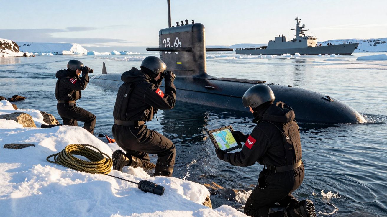 Soldados em trajes de inverno com equipamento naval próximo a submarino e navio em águas geladas.