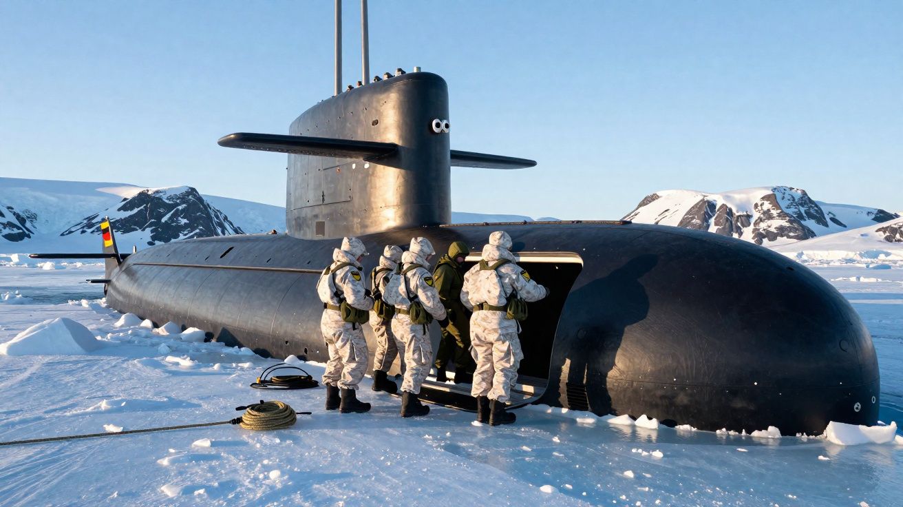 Submarino alemão no gelo com militares vestidos de branco entrando pela escotilha.